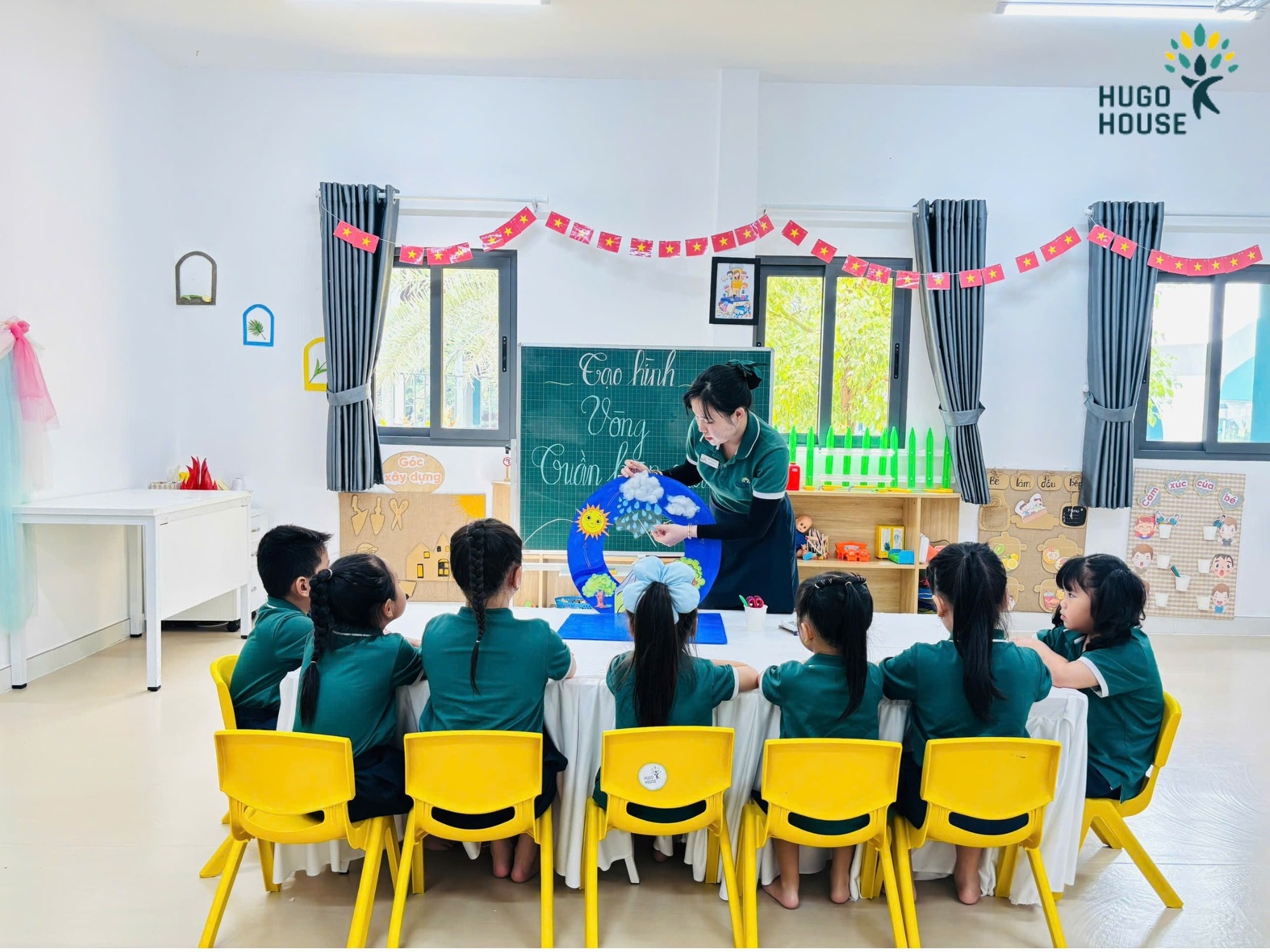 Buổi học hôm nay tại Hugo House tràn ngập sự hào hứng khi các bạn nhỏ cùng cô giáo tạo nên mô hình Vòng tuần hoàn của nước – một chủ đề khoa học gần gũi và đầy thú vị.