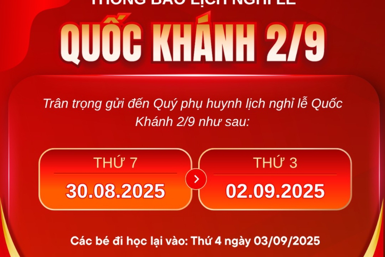 THÔNG BÁO NGHỈ LỄ QUỐC KHÁNH 2/9